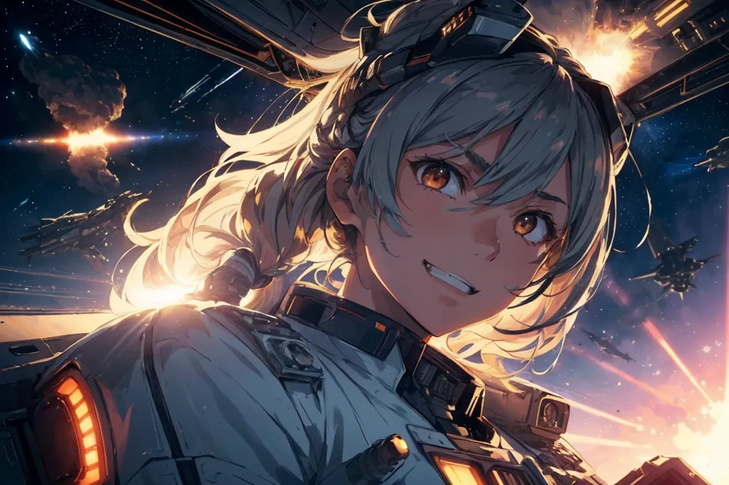 A beautiful anime girl with long white hair and orange eyes is sitting in the cockpit of a spaceship. She is wearing a white spacesuit with a black tie and a black headset. The spaceship is in the middle of a battle, and there are explosions all around. The girl is smiling and confident, and she is clearly enjoying the battle.