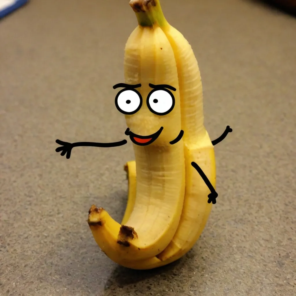 This is a picture of a banana. It has been peeled and has a face drawn on it. The face is smiling and has two big eyes. The banana is standing on its own.