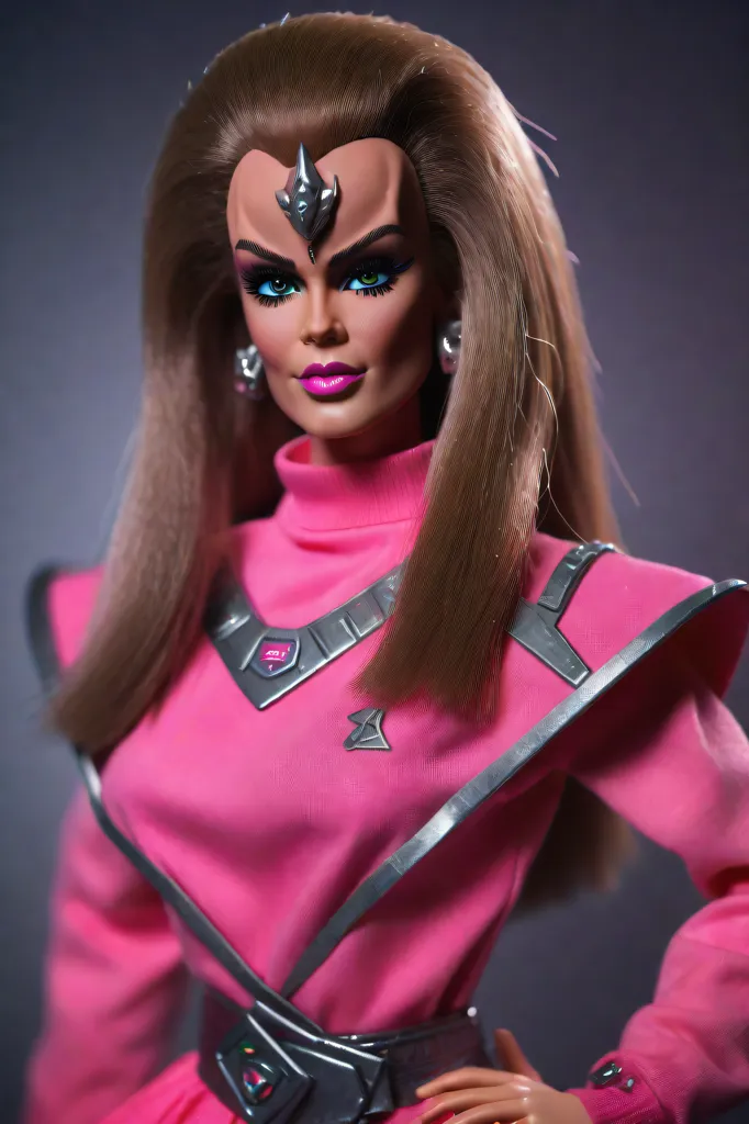 The image shows a doll with long brown hair, blue eyes, and pink lips. She is wearing a pink outfit with a high collar and silver shoulder pads. There is a silver emblem on her chest. She is also wearing a silver belt with a large buckle. The doll is standing in a powerful pose with her hands on her hips. She has a confident expression on her face.