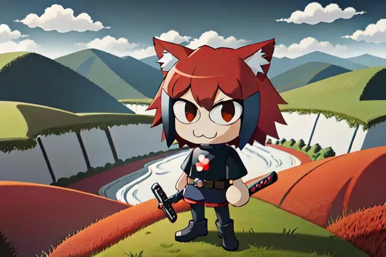 There is an anime-style catgirl standing on the top of the cliff. She is wearing a black shirt and brown boots. She is also carrying a sword. The background is a mountain range with a river running through it.