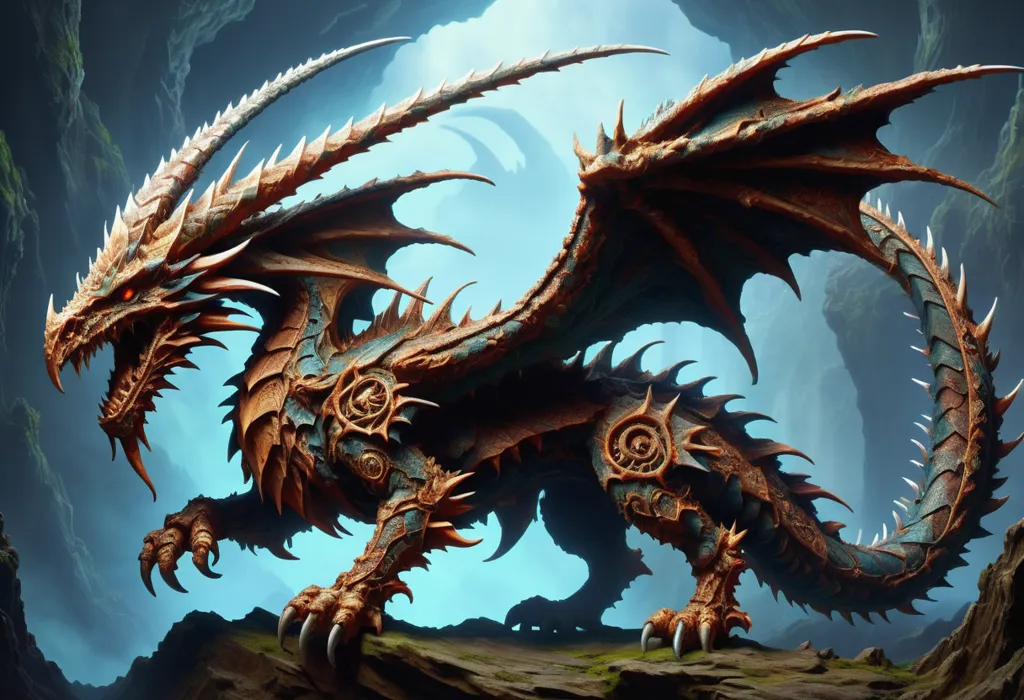 The dragon is a fearsome creature with a long, serpentine body covered in scales. It has a pair of powerful wings and a long, spiked tail. Its head is狰狞的, with a large mouth full of sharp teeth. The dragon is standing on a rocky ledge, and there is a dark cave behind it.