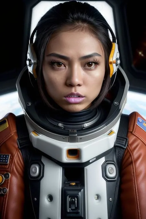 This is an image of a young woman in a spacesuit. She has brown hair, brown eyes, and is wearing a brown leather jacket. The spacesuit has a white collar and a clear bubble helmet. She is looking at the camera with a serious expression.