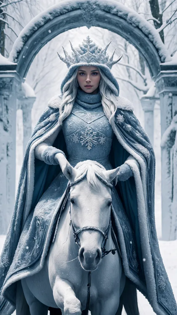 The Snow Queen rides her white horse through the frozen forest. Her long white hair and icy blue eyes are a perfect match for her surroundings. She wears a crown of snowflakes and a dress made of ice and snow. Her horse's mane and tail are also covered in snow. The Snow Queen is a powerful and beautiful creature, and she is to be feared.