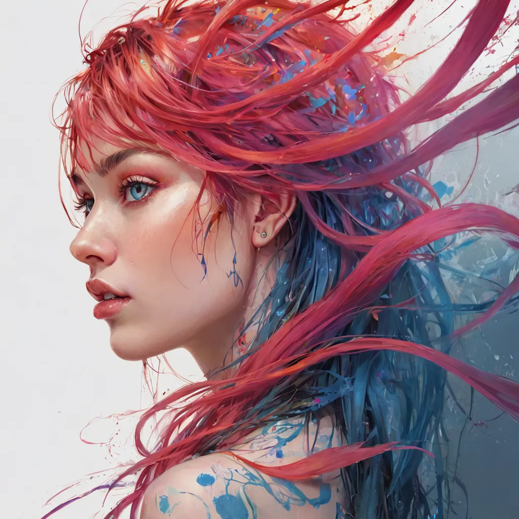 The picture shows a woman with long red hair that is blowing in the wind. Her eyes are blue and her skin is fair. She is wearing a white dress and there are some blue and pink paint splatters on her skin and in her hair.