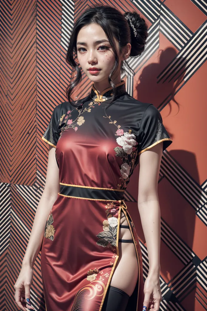 The image shows a young woman wearing a red and black cheongsam. The cheongsam is a traditional Chinese dress that is typically worn by women. It is usually made of silk and has a high collar. The cheongsam is often decorated with intricate designs, such as floral patterns or dragons. The woman in the image is wearing a cheongsam that is made of a red and black fabric and has a floral pattern. Her hair is pulled back in a bun and she is wearing makeup.