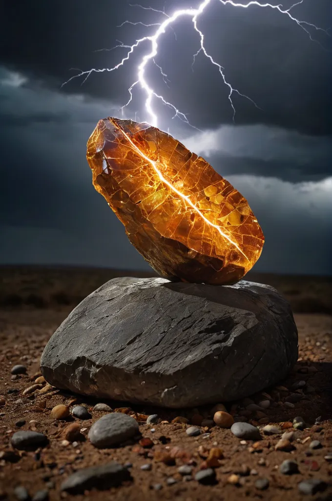 A large, glowing amber stone is balanced on a rock outcropping in the middle of a desert landscape. The sky is dark and stormy, and a bolt of lightning is about to strike the stone. The amber stone is glowing brightly, and it seems to be unaffected by the storm.