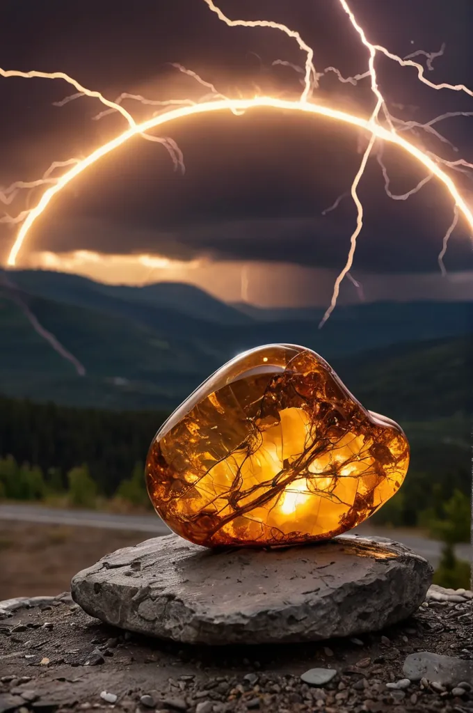 In the middle of a thunderstorm, a glowing amber stone sits on a rock. The stone is lit up from the inside, and it seems to be pulsating with energy. The storm clouds are dark and ominous, and the lightning is striking all around the stone. The scene is both beautiful and awe-inspiring, and it is clear that the amber stone is something very special.