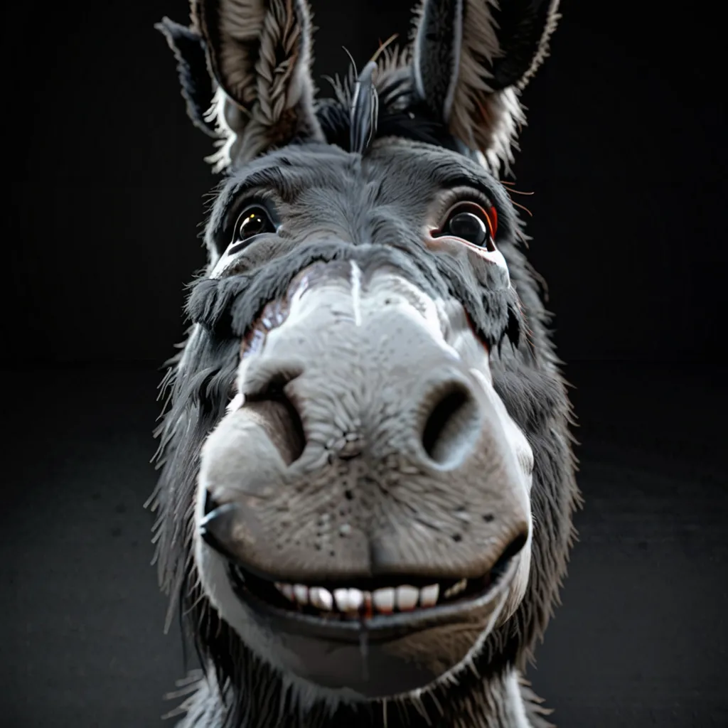 The image shows a donkey's face. The donkey has big, floppy ears and a long, gray snout. Its teeth are showing in a big smile. The background is black, which makes the donkey's face stand out. The donkey's expression is funny and endearing.