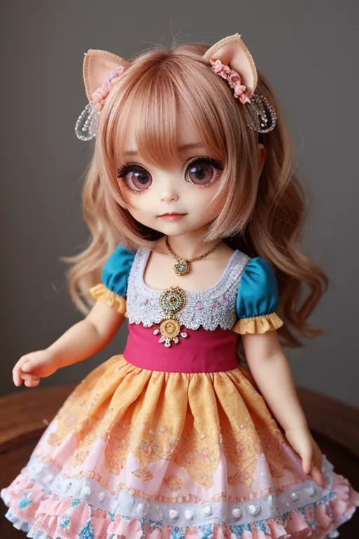 This is a photo of a doll with long, wavy brown hair, blue eyes, and cat ears. She is wearing a pink and yellow dress with a white collar and a necklace with a large, green jewel in the center. The doll is standing on a brown table against a brown background.