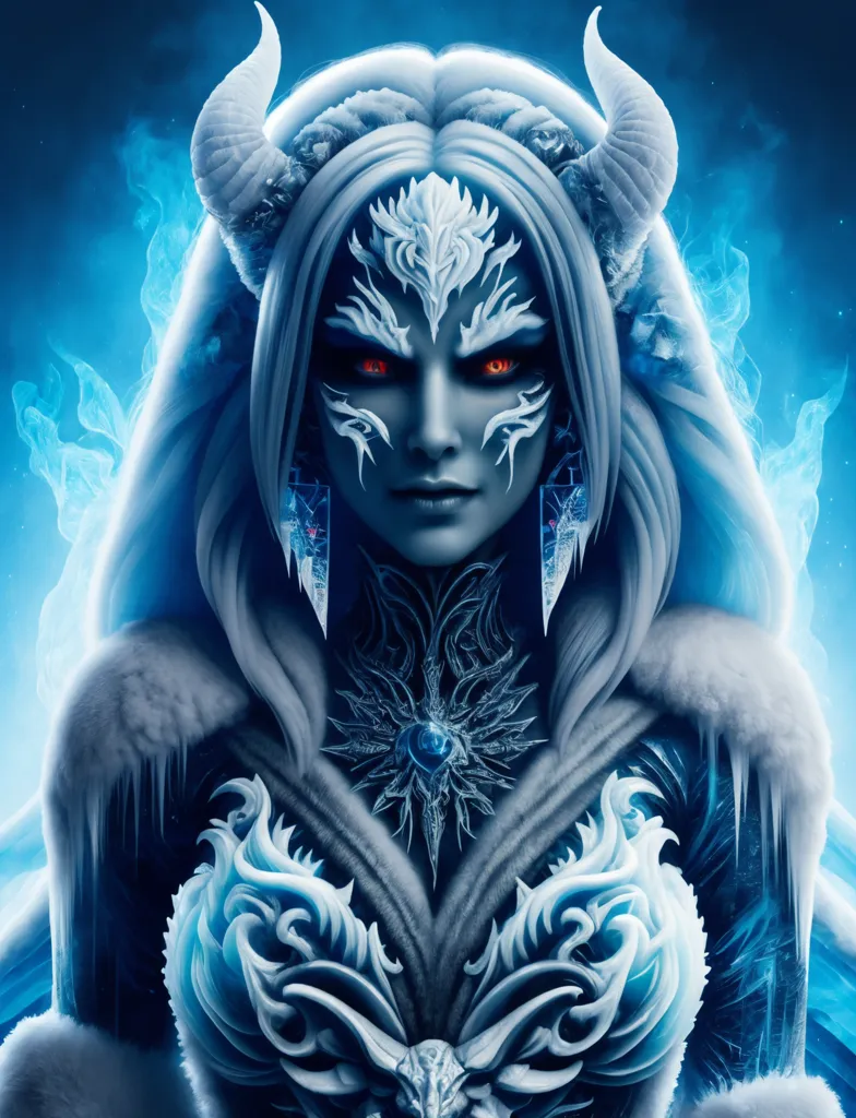 This is an image of the Snow Queen. She has long white hair, blue skin, and red eyes. She is wearing a white dress with a blue cape. She is also wearing a crown and has a snowflake on her forehead. She is surrounded by ice and snow.