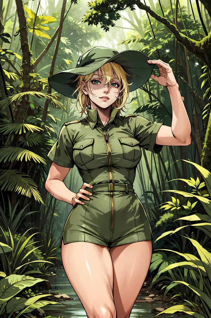 The image depicts a blonde woman wearing a green safari outfit, consisting of a hat, short-sleeved shirt, and shorts. She is standing in a lush jungle setting, with green foliage and plants all around her. The woman is looking at the viewer with a confident expression, and has one hand on her hip and the other holding her hat. She is also wearing a utility belt around her waist.