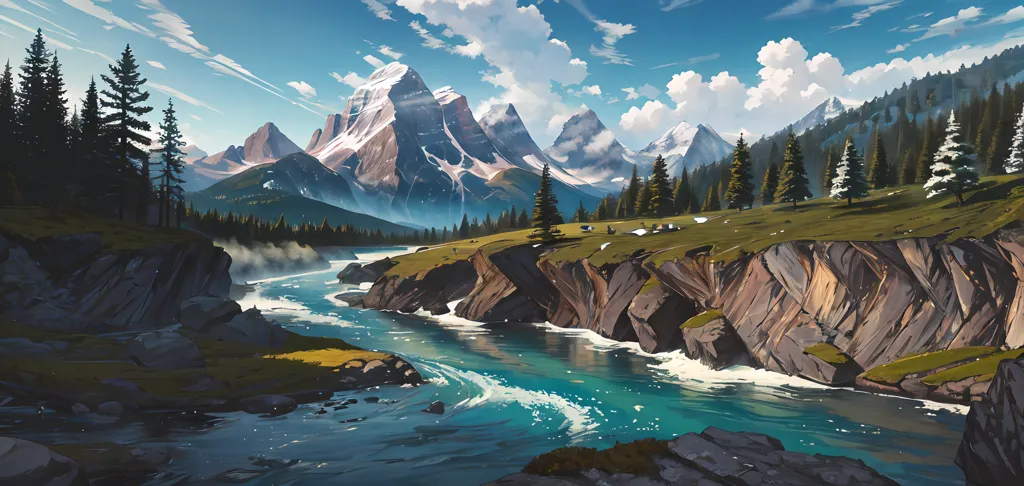 The image is of a mountain landscape. There is a river in the foreground, and mountains in the background. The mountains are covered in snow. The river is flowing over rocks. There are trees on the banks of the river. The sky is blue and there are clouds in the sky. There is a green field on the right side of the river, where two tents are set up.