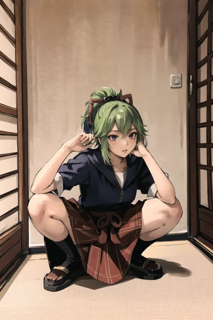 The image is of a young woman crouching in a hallway. She has green hair and purple eyes, and is wearing a dark blue shirt, a red and white pleated skirt, and brown sandals. The woman has her hands on her head and is looking at the viewer with a curious expression. The background of the image is a traditional Japanese-style room.