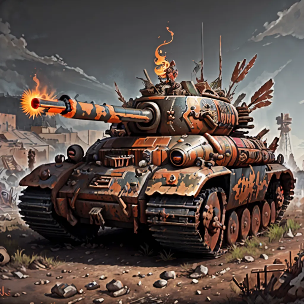 The image shows a post-apocalyptic tank. It is a large, tracked vehicle with a large gun on top. The tank is made of scrap metal and other scavenged materials. It is painted in a rusty orange color and has a variety of symbols and graffiti on it. There is a figure standing on the tank, holding a flag. The tank is surrounded by a group of people, some of whom are armed with weapons. In the background, there is a ruined city.