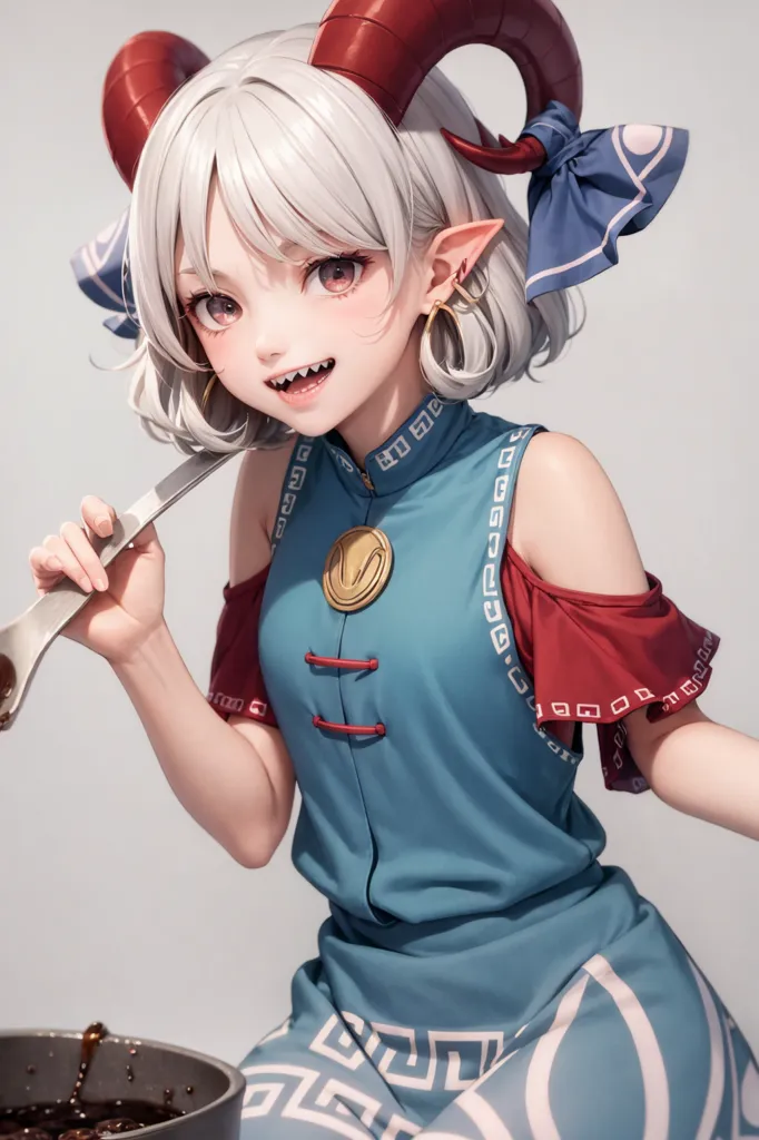 The image shows a young girl with white hair and red horns. She is wearing a blue and red dress with a white apron. She has a friendly smile on her face and is holding a large spoon. She seems to be ready to cook something delicious.