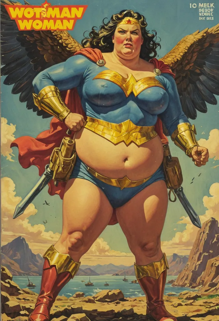 This is a picture of a superhero called Wonder Woman. She is a very strong woman who fights for justice. She is wearing a blue and red costume and has a red cape. She also has a lasso and a sword. She is standing on a rock in front of the sea. There are some mountains in the background.