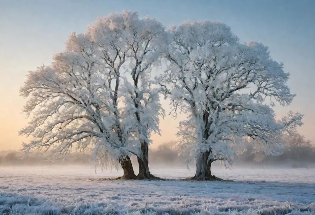 The picture shows two big trees in a snowy field. The trees are covered in snow and ice, and the field is一片白茫茫. The sun is shining brightly, and the sky is a clear blue. The scene is very peaceful and beautiful.