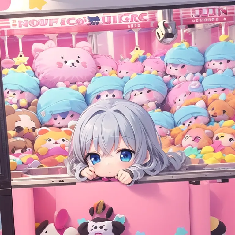 A young girl with silver hair and blue eyes is looking out of a pink claw machine. She is wearing a white shirt and pink skirt. The claw machine is full of pink and white stuffed animals. The girl has her hands on her cheeks and is looking at the player with a pleading expression.