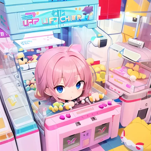 A small anime girl with pink hair and blue eyes is sitting in a pink and white arcade machine. She is looking at the player with a curious expression. The machine is filled with various prizes, including stuffed animals, toys, and candy. The girl is wearing a pink dress and a white headband. She has a small smile on her face. The arcade is decorated with bright colors and lights. There are other arcade machines in the background.