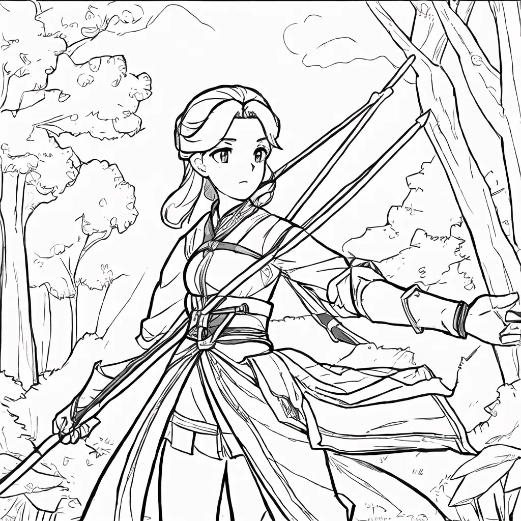 The picture shows a girl in a forest. She is wearing a long dress and a quiver of arrows is slung over her shoulder. She is holding a bow and arrow and is looking to her right. There are trees and bushes behind her.