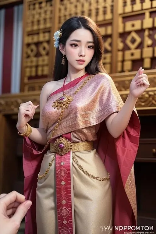 The image shows a young woman wearing a traditional Thai dress. The dress is made of a pink and gold brocade fabric, and is decorated with intricate gold and silver embroidery. The woman is also wearing a traditional Thai headdress and jewelry.