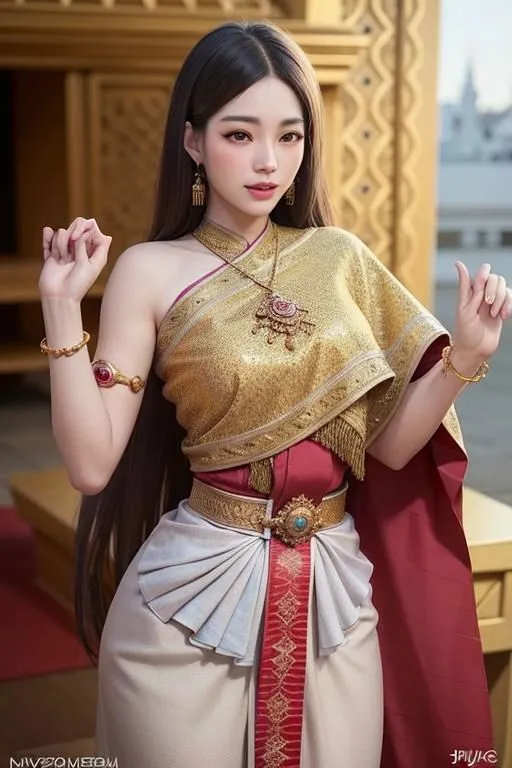 The picture shows a young woman wearing a traditional Thai dress. The dress is golden and red, with a white underskirt. The woman has long black hair and is wearing a traditional Thai headdress. She is also wearing a lot of jewelry, including a necklace, earrings, and bracelets. The woman is standing in a traditional Thai house, and there is a large golden Buddha statue in the background.