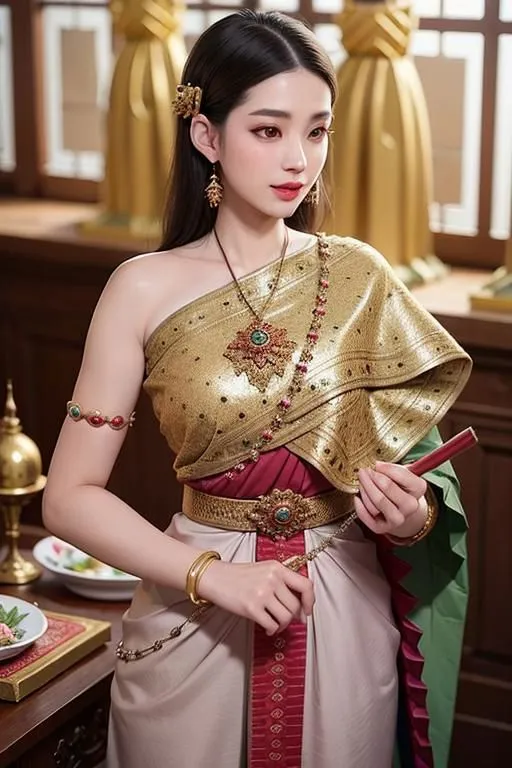 The image shows a young woman wearing a traditional Thai dress. The dress is made of a gold-colored fabric and has a long, flowing skirt. The woman is also wearing a traditional Thai headdress and jewelry. She is standing in a traditional Thai house, which is made of wood and has a raised floor. The woman is holding a traditional Thai fan.