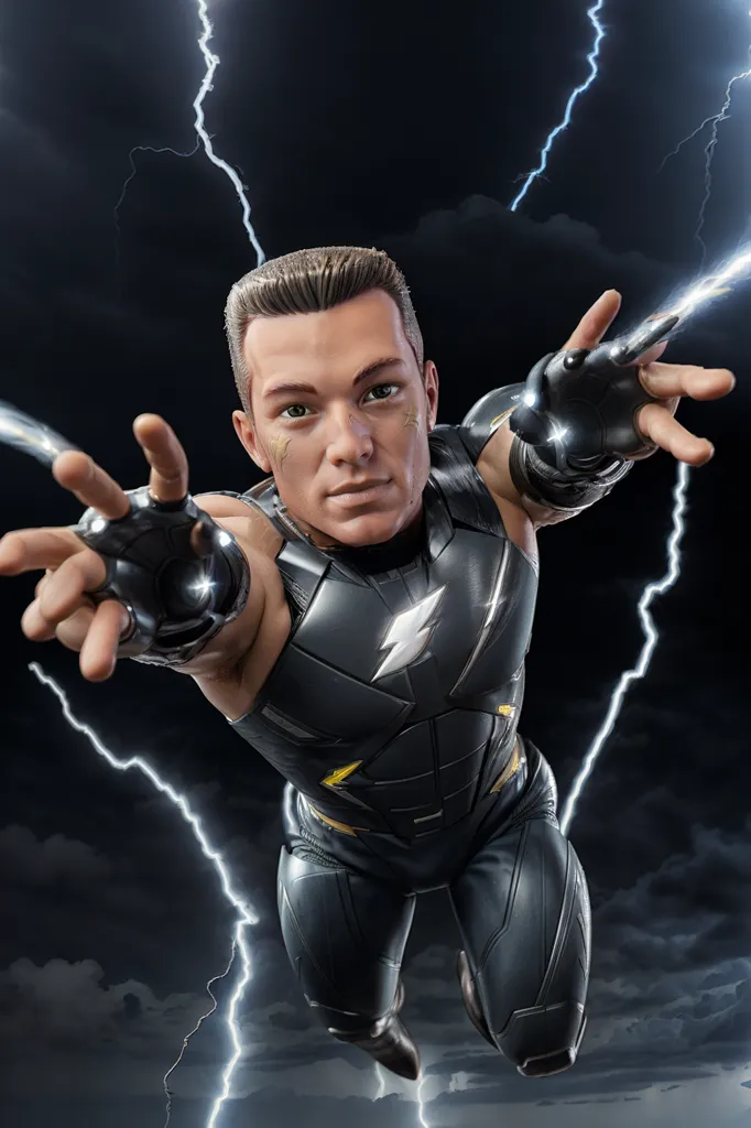 The image shows a superhero wearing a black and yellow suit. He has short blond hair and blue eyes. He is surrounded by lightning and has his arms outstretched. He is looking at the viewer with a determined expression.