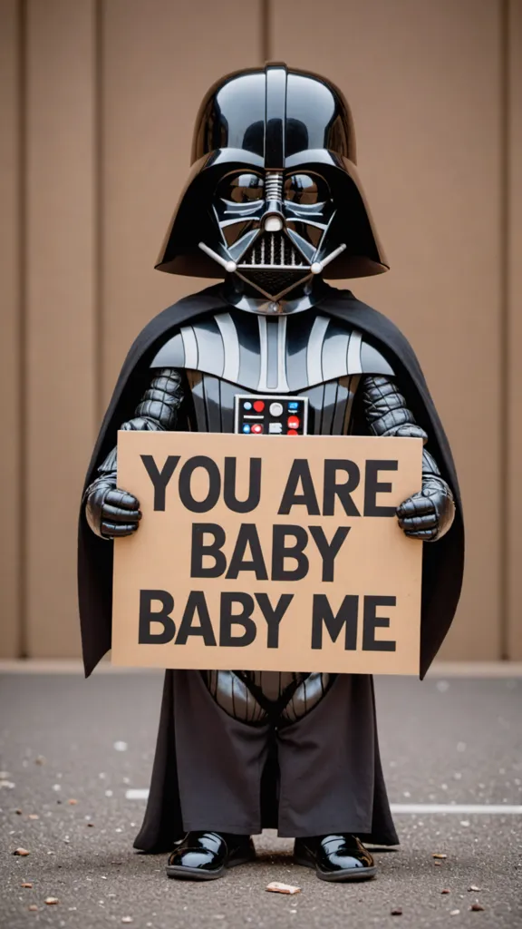 The image shows a small child dressed in a Darth Vader costume. The child is holding a sign that says \