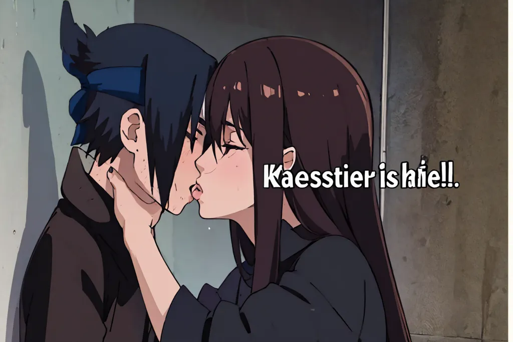 This image is of two anime characters kissing. The boy has dark hair and the girl has brown hair. They are both wearing black jackets. The background is a brick wall. The image is drawn in a realistic style.