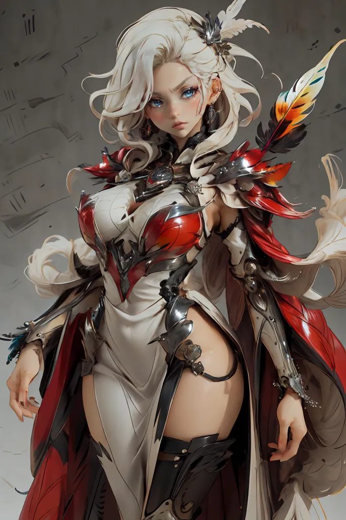 The picture shows a beautiful anime girl with long white hair and blue eyes. She is wearing a white and red dress with a metal breastplate. The dress has a long slit on one side, showing off her toned legs. She is also wearing a pair of red boots and a pair of metal gauntlets. She has a confident expression on her face and looks like she is ready for battle.