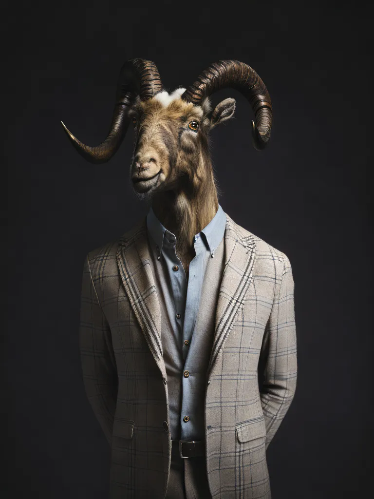 The image shows a goat-human hybrid wearing a suit and shirt with a serious expression on its face. The goat-human hybrid has light brown fur, dark brown horns, and a white goatee. It is wearing a light blue shirt with a white collar and a brown suit jacket with a white pocket square and black buttons. The image is set against a dark background, which makes the goat-human hybrid stand out.