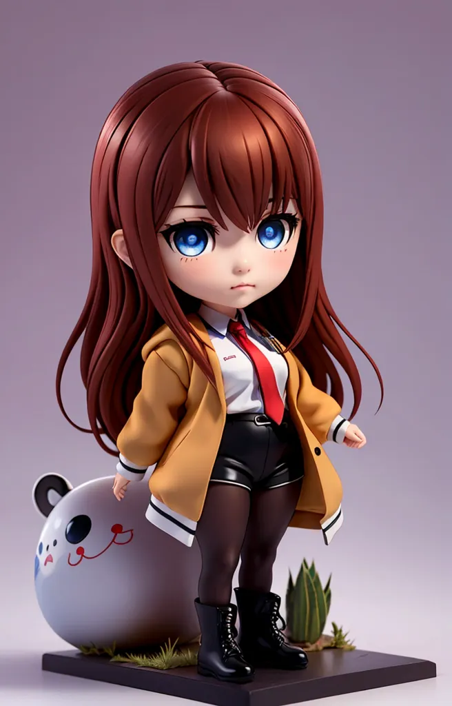 The image shows a figurine of a young girl with long brown hair, blue eyes, and a serious expression on her face. She is wearing a yellow jacket, a white shirt, a red tie, and black shorts. She is also wearing black boots and has a small white creature with a panda-like face next to her. The figurine is standing on a small patch of grass.