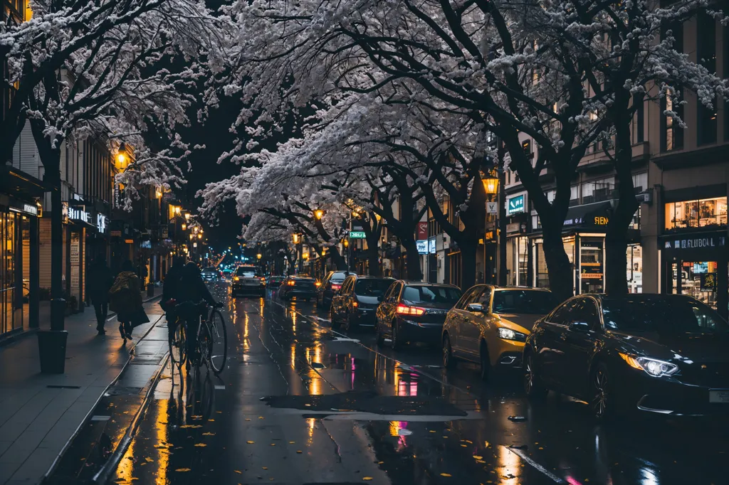 这张图片是一条城市街道的远景镜头,拍摄于夜晚。街道上正在下雨,地面湿润。街道两旁种有树木,树叶上覆盖着雪。街灯亮着,两侧停有汽车。在商铺旁的人行道上,有一位骑自行车的人。