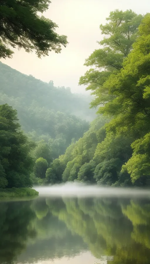 这张图片是一个美丽的河流穿过山谷的景观。河流宽阔而平静,山谷被茂密的绿色森林覆盖。树木高大笔直,叶子呈深绿色。天空是浅蓝色,阳光明媚。河面上升起白色的薄雾,增添了景色的美丽。这幅图像非常宁静祥和,捕捉到了大自然的美丽。