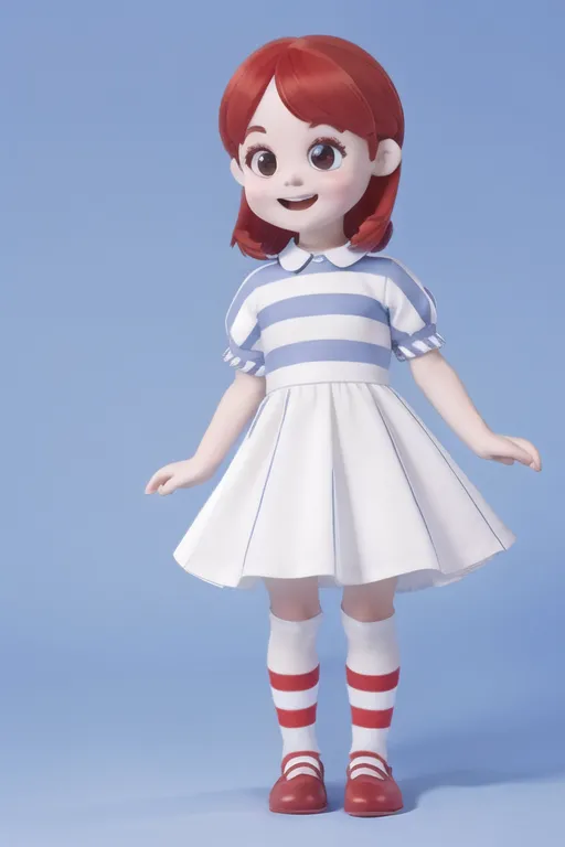 This is a 3D rendering of a little girl. She has red hair and blue eyes. She is wearing a white and blue striped dress with a pleated skirt. She is also wearing red socks and red shoes. She is standing on a blue background and she has a happy expression on her face.