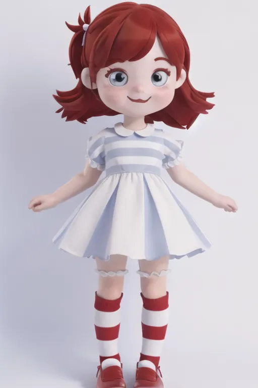 This is a 3D rendering of a little girl. She has red hair styled in pigtails, blue eyes, and a pale complexion. She is wearing a white dress with blue stripes and a white collar. The dress has short sleeves and a pleated skirt. She is also wearing red socks and brown shoes. The girl is standing with her arms outstretched and her legs shoulder-width apart. She has a happy expression on her face.