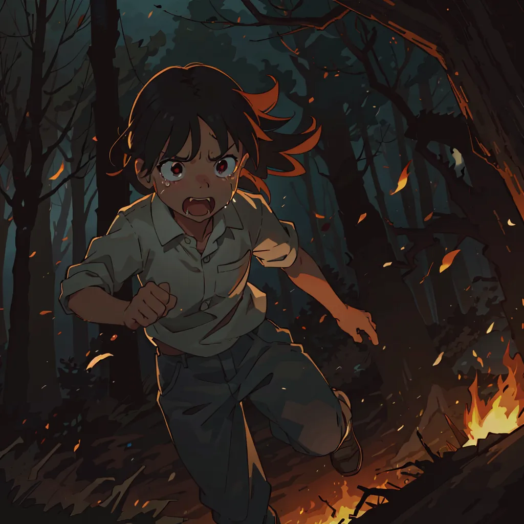 The image is of a girl running through a forest. She is crying and looks scared. The forest is dark and there are flames on the ground. The girl is wearing a white shirt and blue jeans. She has brown hair and brown eyes. She is barefoot. The image is in a cartoon style.