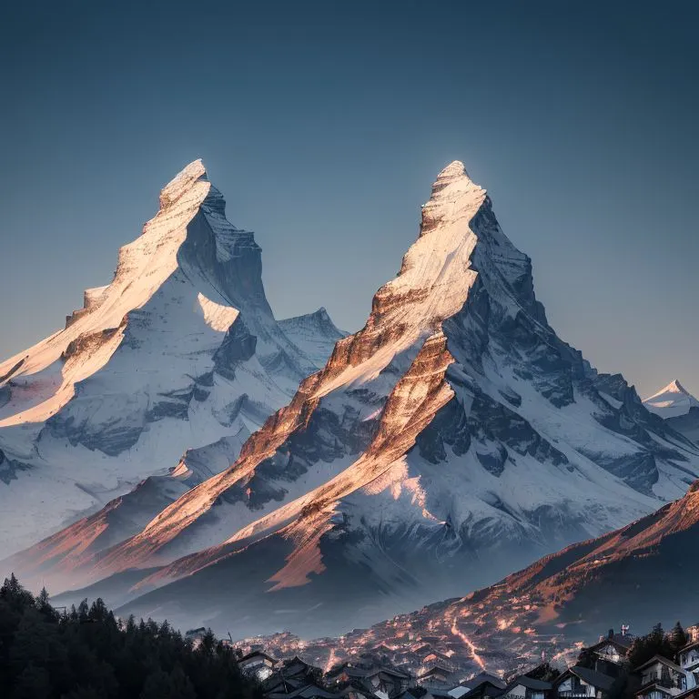 图像显示了远处两座雪峰,前景是一个山谷和一个小镇。这两座山峰分别是马特洪峰和魏斯霍恩峰。天空晴朗蔚蓝,带有一丝日出的色彩。山峰覆盖着白雪和冰川。小镇里有许多房屋和建筑物。整个图像给人一种非常宁静祥和的感觉。