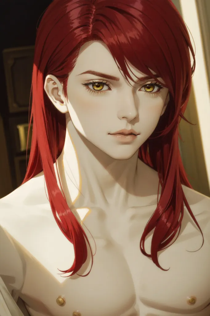 This is a picture of a person with long red hair and yellow eyes. They have a muscular build and are not wearing a shirt. They are looking at the viewer with a serious expression. The background is out of focus and is not very detailed.