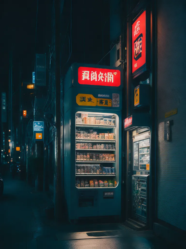 这张图片是日本一台自动售货机的夜景。这台自动售货机是蓝色的,上面有一个红色的标牌,上面写着\