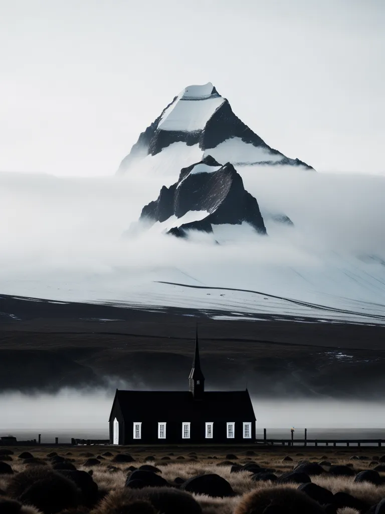 图像是黑白的。背景中有一座巍峨的雪山。前景中有一座黑暗的教堂。教堂周围有大量的雾气。