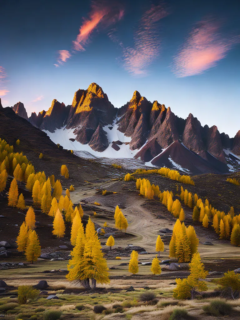 这张图片是一个美丽的山脉风景。山峰被白雪覆盖。天空是清澈的蓝色,只有几朵云彩。图像的前景是一片黄色树木。有一条小路穿过田野的中间。还有一些大块岩石散布在田野中。这幅图像非常宁静祥和。