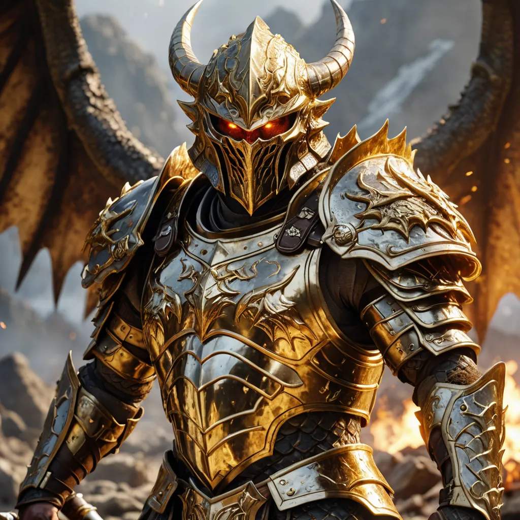 The image shows a warrior wearing golden armor. The warrior is standing in a fiery battlefield. There is a dragon in the background. The warrior is holding a sword and shield. The warrior is wearing a helmet with horns. The warrior's eyes are glowing red.