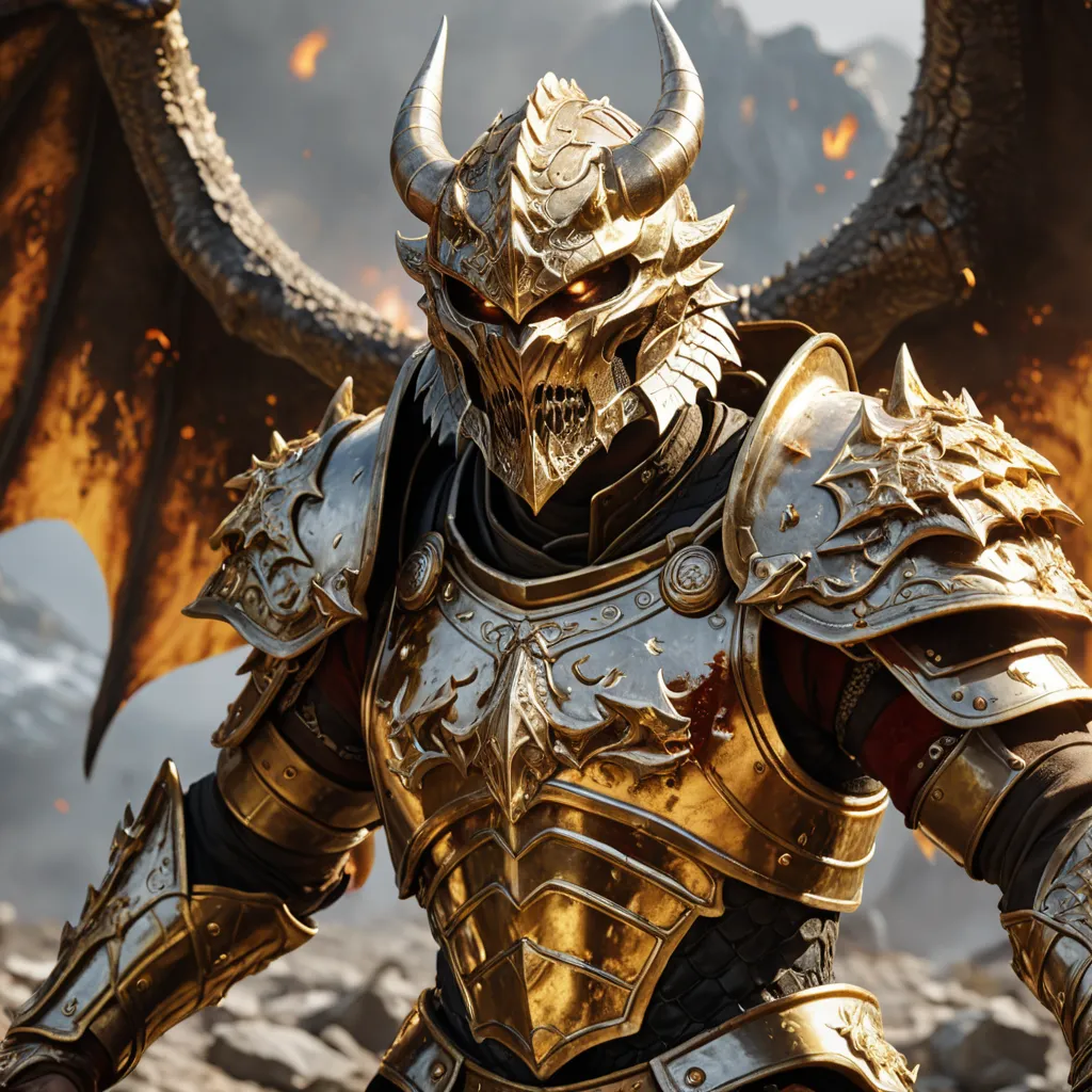 The image shows a warrior wearing golden armor. The warrior is standing in a fiery battlefield. There is a dragon flying in the background. The warrior is holding a sword and shield. The warrior is wearing a helmet with horns. The warrior's eyes are glowing red.