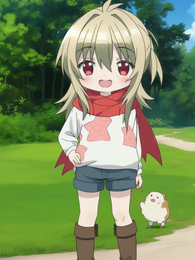 The image shows an anime girl with long blonde hair and red eyes. She is wearing a white sweater with red stars, blue shorts, and brown boots. She has a red scarf around her neck and is smiling. There is a small white and brown hamster next to her. The background is a green field with trees.