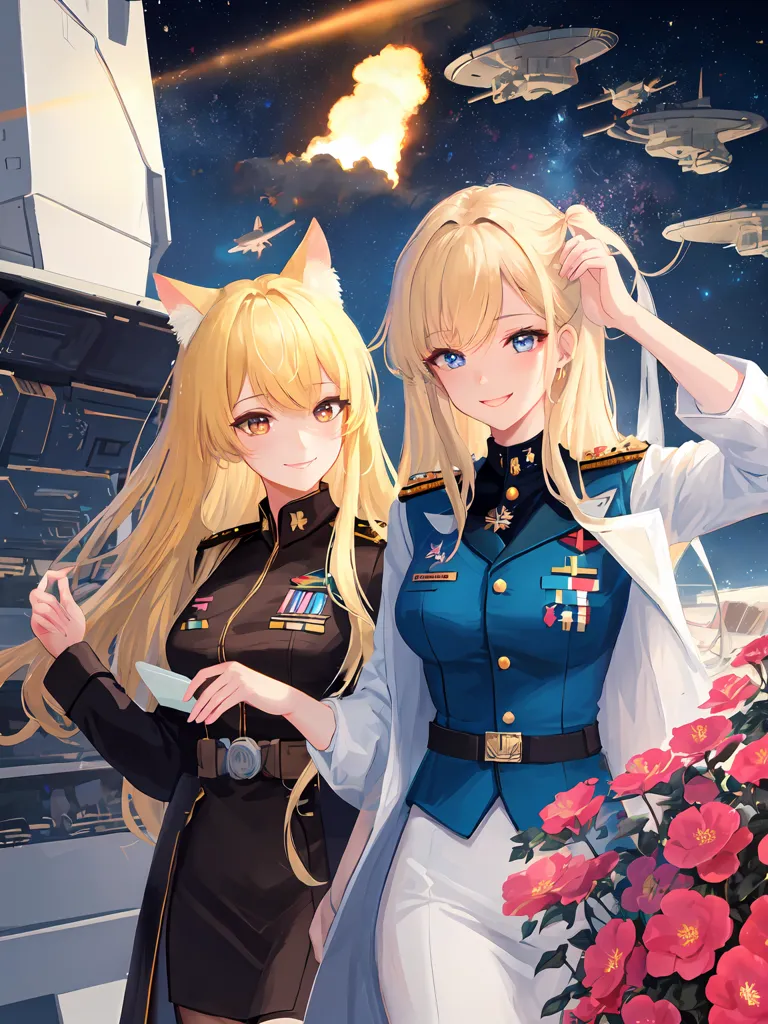 Two beautiful anime girls in military uniforms are standing in front of a spaceship. The girl on the left has long blonde hair and cat ears, and she is wearing a black and gold uniform. The girl on the right has long blonde hair and blue eyes, and she is wearing a white and blue uniform with a skirt. There are several spaceships in the background.