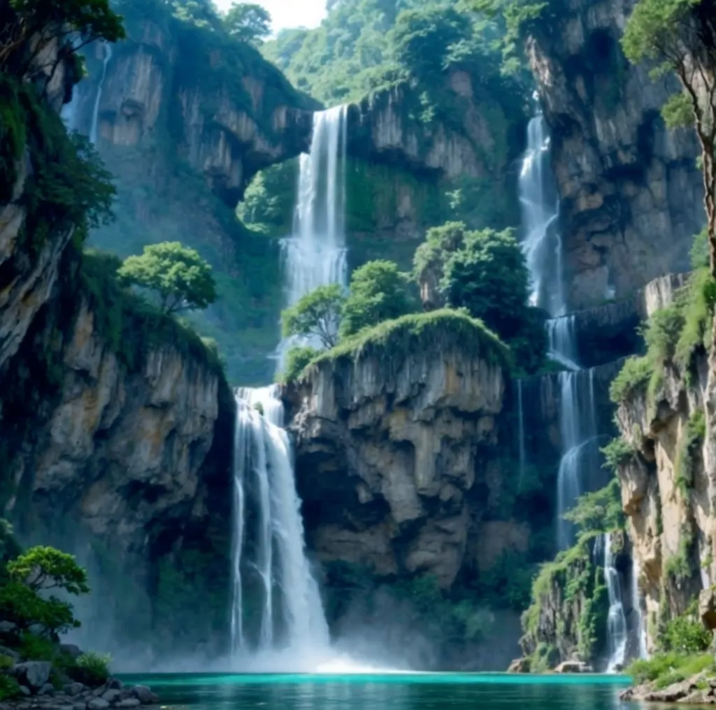 The image is of a waterfall in a valley. The waterfall is surrounded by a lush green forest. The water is crystal clear and blue-green. The waterfall is very tall and the water falls from a great height. The valley is very deep and the cliffs are very steep. The waterfall is a very beautiful and majestic sight.