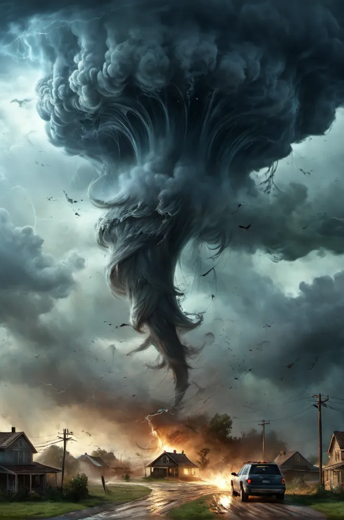 The image shows a large tornado. The tornado is surrounded by dark clouds and lightning. The tornado is destroying a town. There are houses and cars being destroyed by the tornado. The tornado is very powerful and destructive. The image is very dramatic and intense.