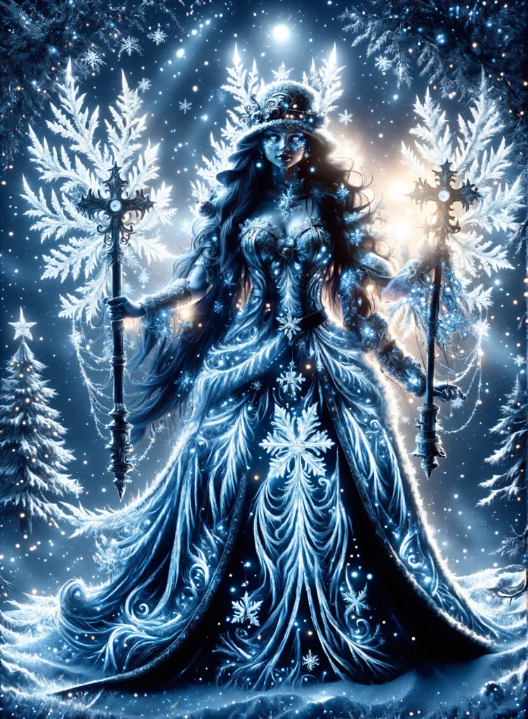 The picture shows the Snow Queen. She is dressed in a long dress made of snowflakes, and her hair is long and black. She is standing in a snowy forest, and she is surrounded by snowflakes. She is holding a staff in her hand, and she is looking at the viewer with a cold expression.